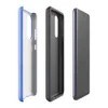 Glossy Azure Weave Tough Case for Samsung — close-up woven fabric texture in soft cornflower blue with subtle vertical