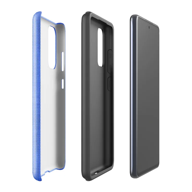 Glossy Azure Weave Tough Case for Samsung — close-up woven fabric texture in soft cornflower blue with subtle vertical