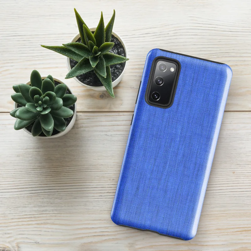 Glossy Azure Weave Tough Case for Samsung — close-up woven fabric texture in soft cornflower blue with subtle vertical