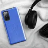 Glossy Azure Weave Tough Case for Samsung — close-up woven fabric texture in soft cornflower blue with subtle vertical
