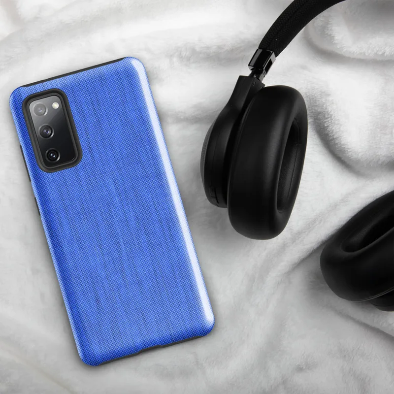 Glossy Azure Weave Tough Case for Samsung — close-up woven fabric texture in soft cornflower blue with subtle vertical