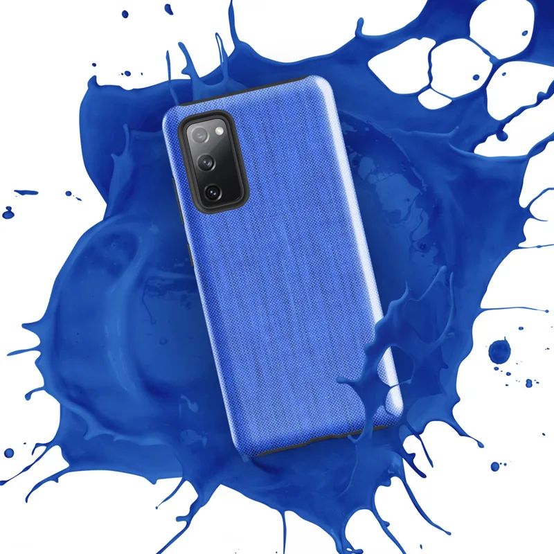 Glossy Azure Weave Tough Case for Samsung — close-up woven fabric texture in soft cornflower blue with subtle vertical