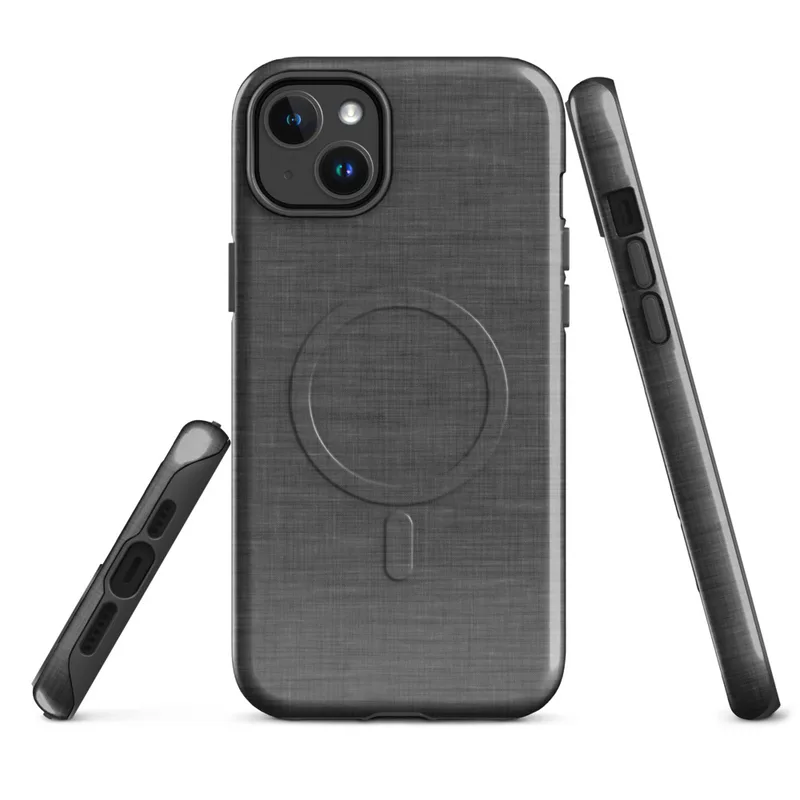 Glossy Slate Linen Texture MagSafe Tough Case for iPhone — close-up woven linen fabric texture in deep slate gray