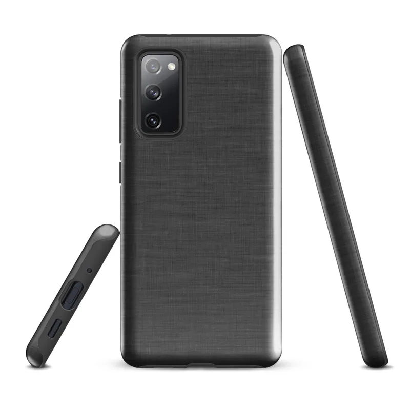 Glossy Charcoal Linen Texture Tough Case for Samsung — close-up woven linen fabric texture in deep charcoal and slate grey