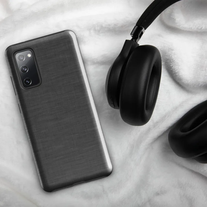 Glossy Charcoal Linen Texture Tough Case for Samsung — close-up woven linen fabric texture in deep charcoal and slate grey