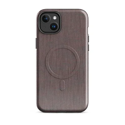 close-up micro-grid woven textile pattern in deep charcoal and dark burgundy tones on a near-black background on Glossy Dark Woven Texture MagSafe Tough Case for iPhone - default - Front view