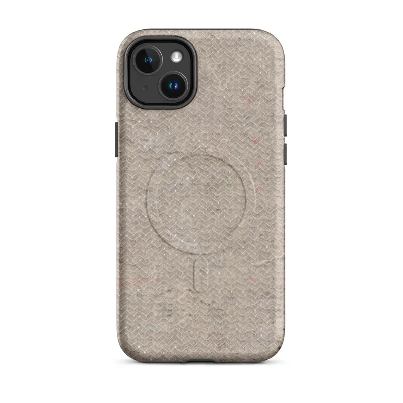 Matte Raw Linen Texture MagSafe Tough Case for iPhone — close-up woven chevron texture in warm beige and greige tones