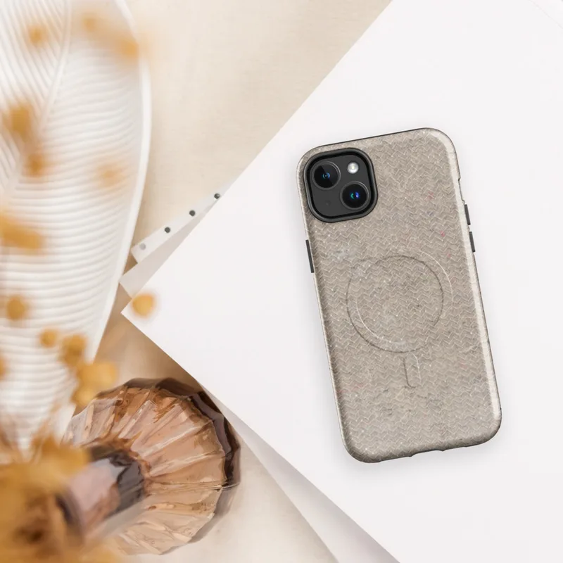 Glossy Raw Linen Texture MagSafe Tough Case for iPhone — close-up woven chevron texture in warm beige and greige tones