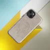 Glossy Raw Linen Texture MagSafe Tough Case for iPhone — close-up woven chevron texture in warm beige and greige tones