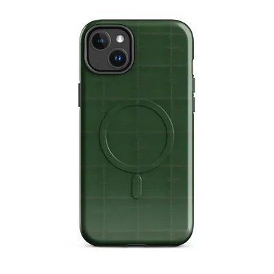 deep forest green quilted fabric pattern with a subtle stitched grid in a matte tone-on-tone style on Glossy Forest Green Quilted Classic MagSafe Tough Case for iPhone - default - Front view