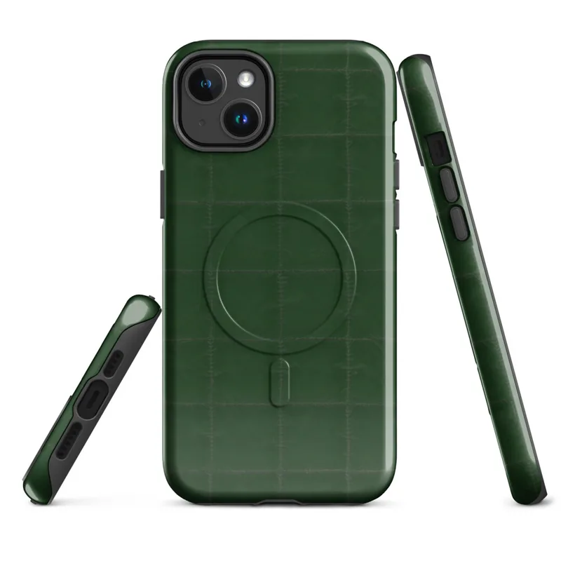 Glossy Forest Green Quilted Classic MagSafe Tough Case for iPhone — deep forest green quilted fabric pattern with a subtle