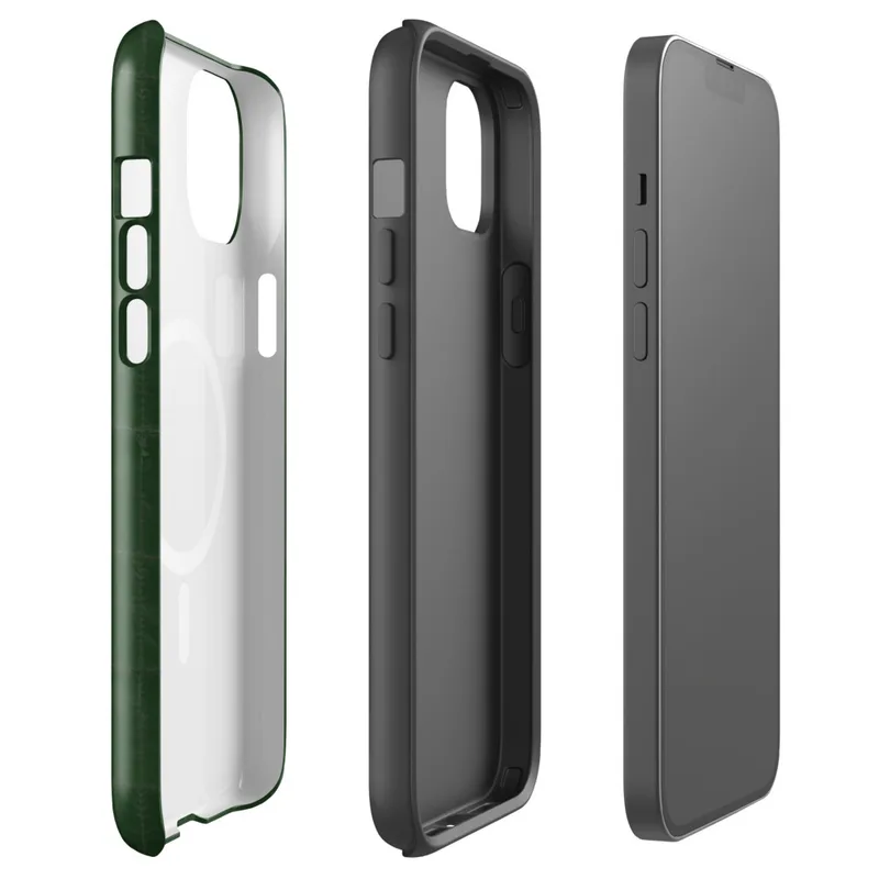 Glossy Forest Green Quilted Classic MagSafe Tough Case for iPhone — deep forest green quilted fabric pattern with a subtle