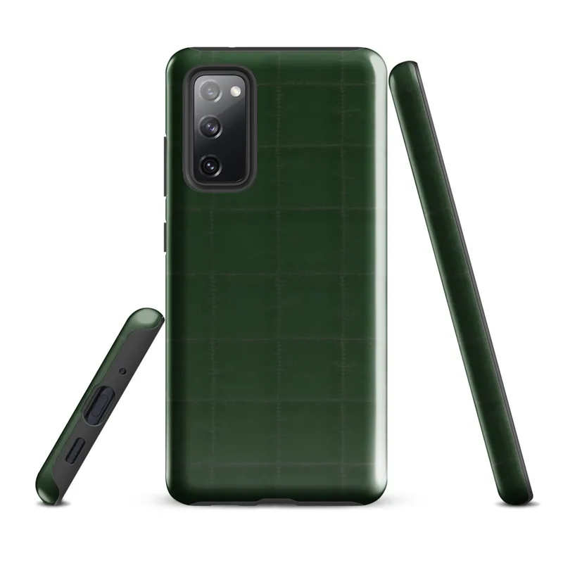 Glossy Forest Green Quilted Grid Tough Case for Samsung — deep hunter green quilted fabric surface with a tonal stitched