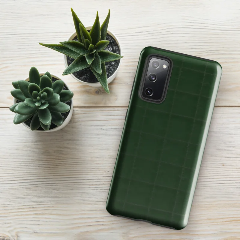 Glossy Forest Green Quilted Grid Tough Case for Samsung — deep hunter green quilted fabric surface with a tonal stitched