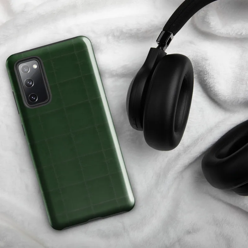 Glossy Forest Green Quilted Grid Tough Case for Samsung — deep hunter green quilted fabric surface with a tonal stitched