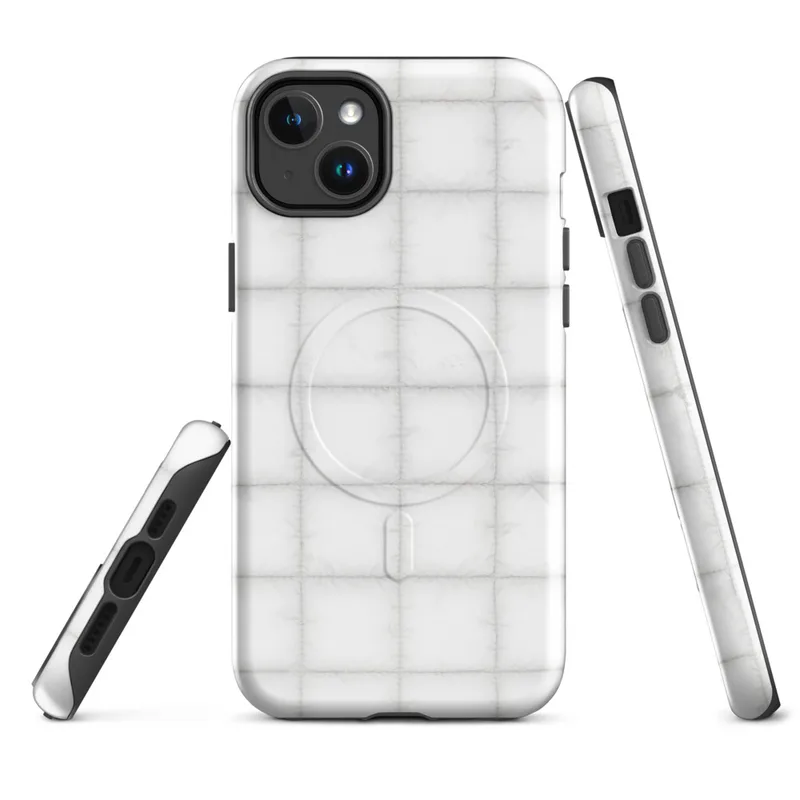 Glossy Arctic White Quilted Texture MagSafe Tough Case for iPhone — soft white quilted grid pattern with subtle stitched