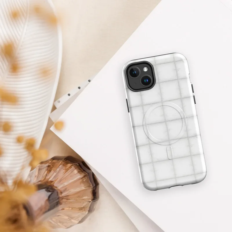Glossy Arctic White Quilted Texture MagSafe Tough Case for iPhone — soft white quilted grid pattern with subtle stitched