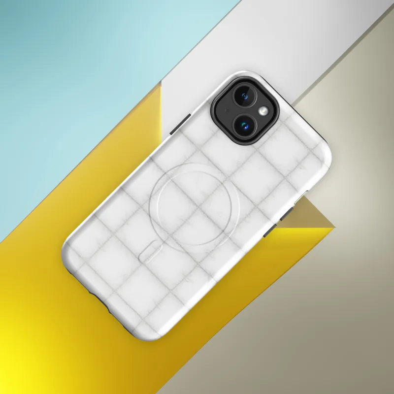 Glossy Arctic White Quilted Texture MagSafe Tough Case for iPhone — soft white quilted grid pattern with subtle stitched