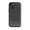Glossy Quilted Shadow Grid MagSafe Tough Case for iPhone — dark charcoal quilted grid pattern with subtle stitched seam