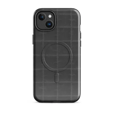 dark charcoal quilted grid pattern with subtle stitched seam lines forming uniform squares across a matte black surface on Glossy Quilted Shadow Grid MagSafe Tough Case for iPhone - default - Front view