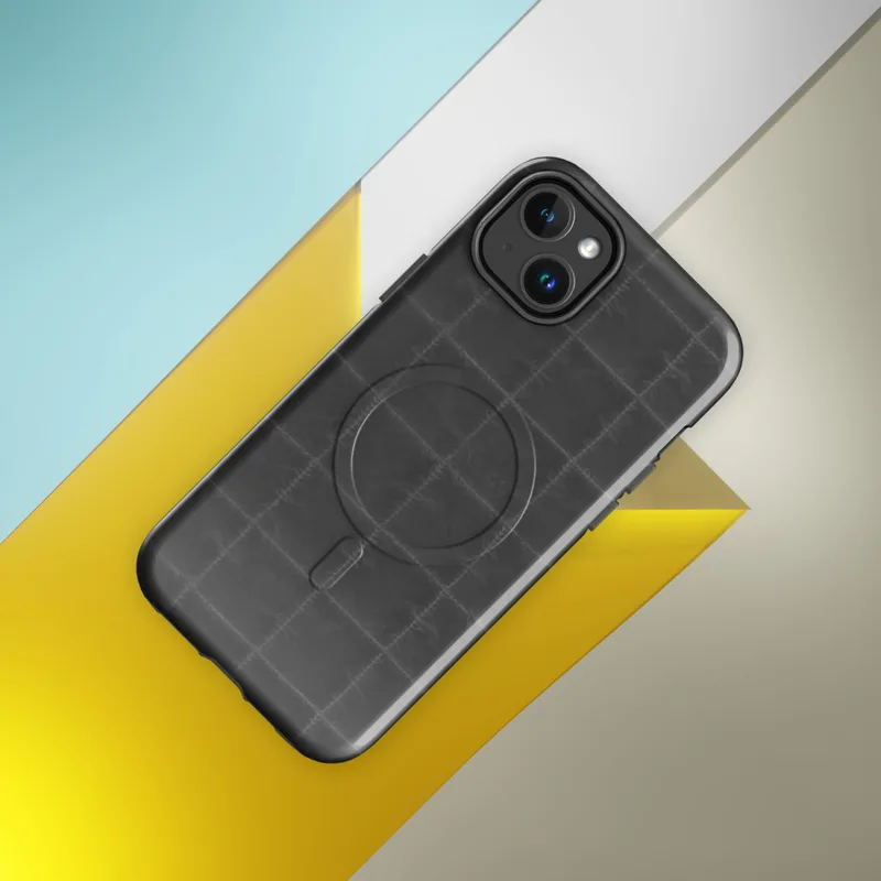 Glossy Quilted Shadow Grid MagSafe Tough Case for iPhone — dark charcoal quilted grid pattern with subtle stitched seam