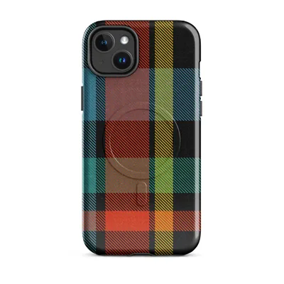 vibrant tartan plaid pattern in deep black, electric teal, fiery orange-red, and golden yellow arranged in a classic woven grid on Glossy Highland Bold Plaid MagSafe Tough Case for iPhone - default - Front view