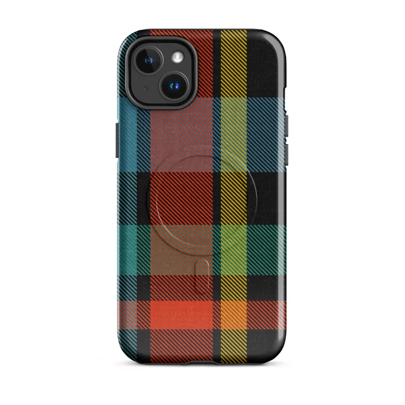 Glossy Highland Bold Plaid MagSafe Tough Case for iPhone — vibrant tartan plaid pattern in deep black, electric teal, fiery
