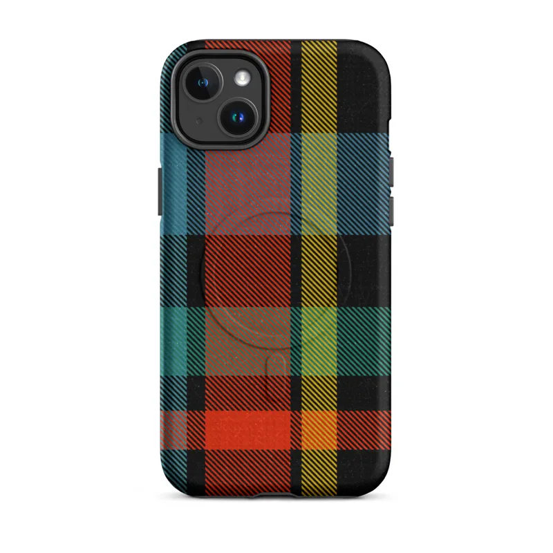 Matte Highland Bold Plaid MagSafe Tough Case for iPhone — vibrant tartan plaid pattern in deep black, electric teal, fiery