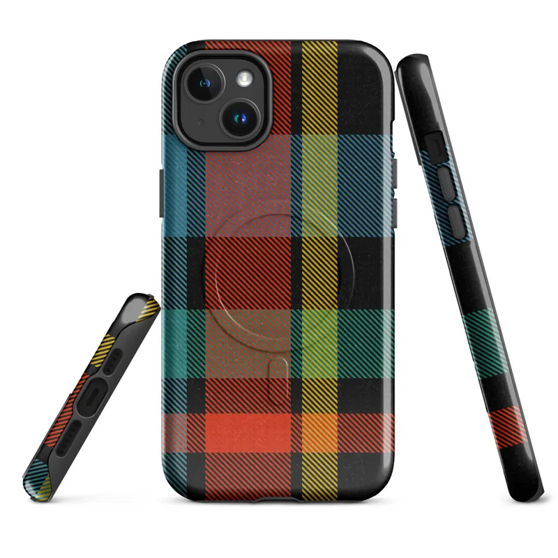 Glossy Highland Bold Plaid MagSafe Tough Case for iPhone — vibrant tartan plaid pattern in deep black, electric teal, fiery