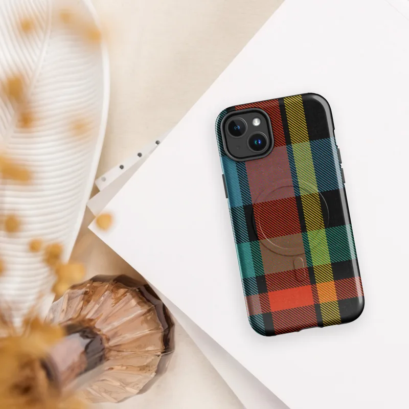 Glossy Highland Bold Plaid MagSafe Tough Case for iPhone — vibrant tartan plaid pattern in deep black, electric teal, fiery