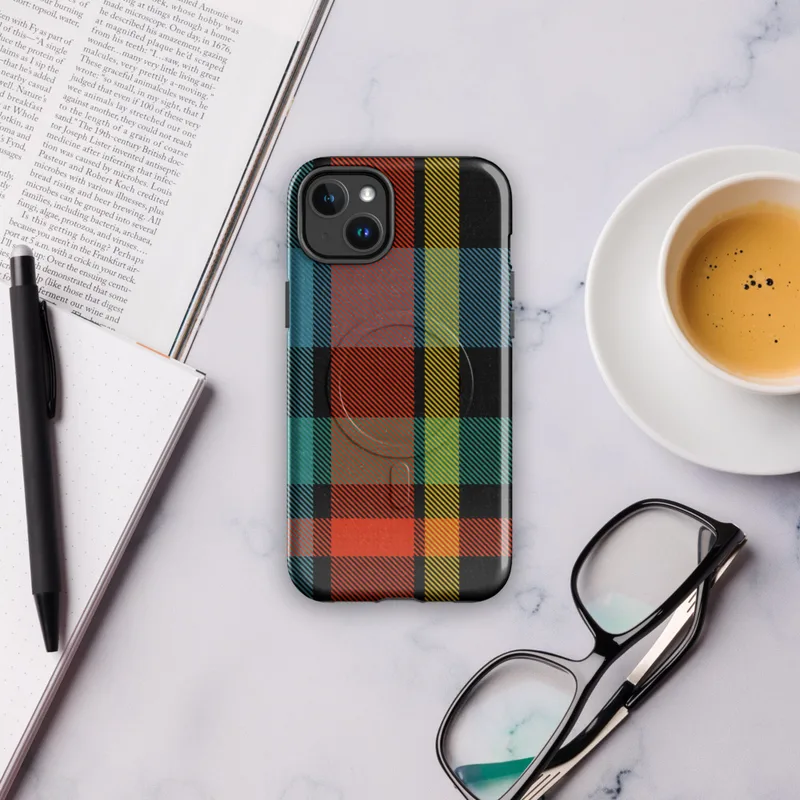 Glossy Highland Bold Plaid MagSafe Tough Case for iPhone — vibrant tartan plaid pattern in deep black, electric teal, fiery