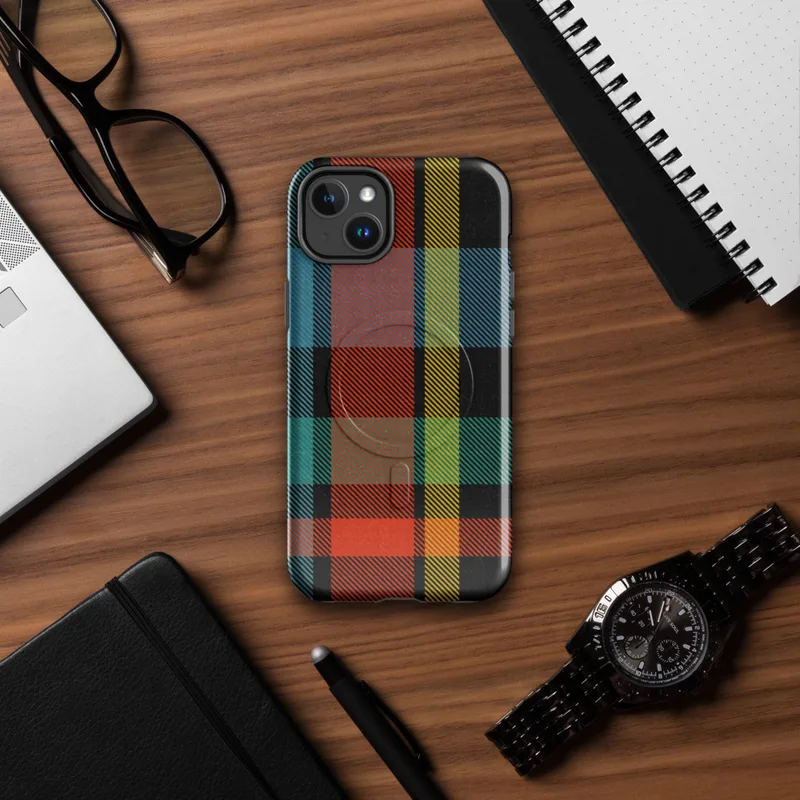 Glossy Highland Bold Plaid MagSafe Tough Case for iPhone — vibrant tartan plaid pattern in deep black, electric teal, fiery