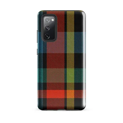 vibrant tartan plaid pattern in black, teal, fiery red-orange, and golden yellow with diagonal woven texture on Glossy Bold Plaid Tough Case for Samsung - default - Front view