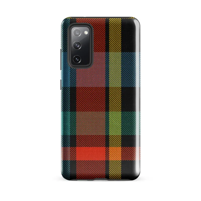 Glossy Bold Plaid Tough Case for Samsung — vibrant tartan plaid pattern in black, teal, fiery red-orange, and golden yellow