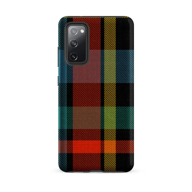 Matte Bold Plaid Tough Case for Samsung — vibrant tartan plaid pattern in black, teal, fiery red-orange, and golden yellow