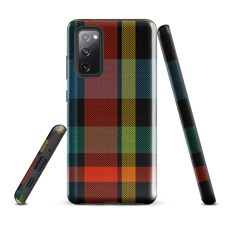 Glossy Bold Plaid Tough Case for Samsung — vibrant tartan plaid pattern in black, teal, fiery red-orange, and golden yellow