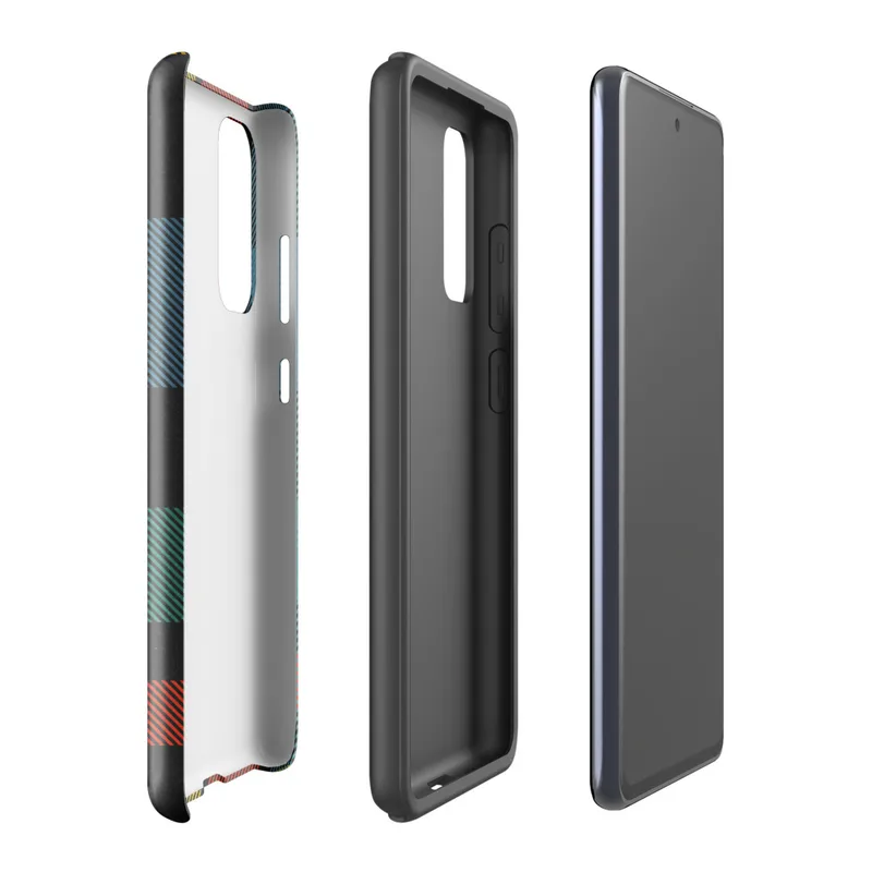 Glossy Bold Plaid Tough Case for Samsung — vibrant tartan plaid pattern in black, teal, fiery red-orange, and golden yellow