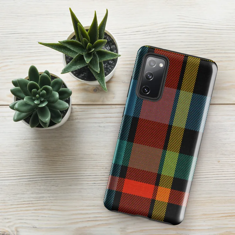 Glossy Bold Plaid Tough Case for Samsung — vibrant tartan plaid pattern in black, teal, fiery red-orange, and golden yellow