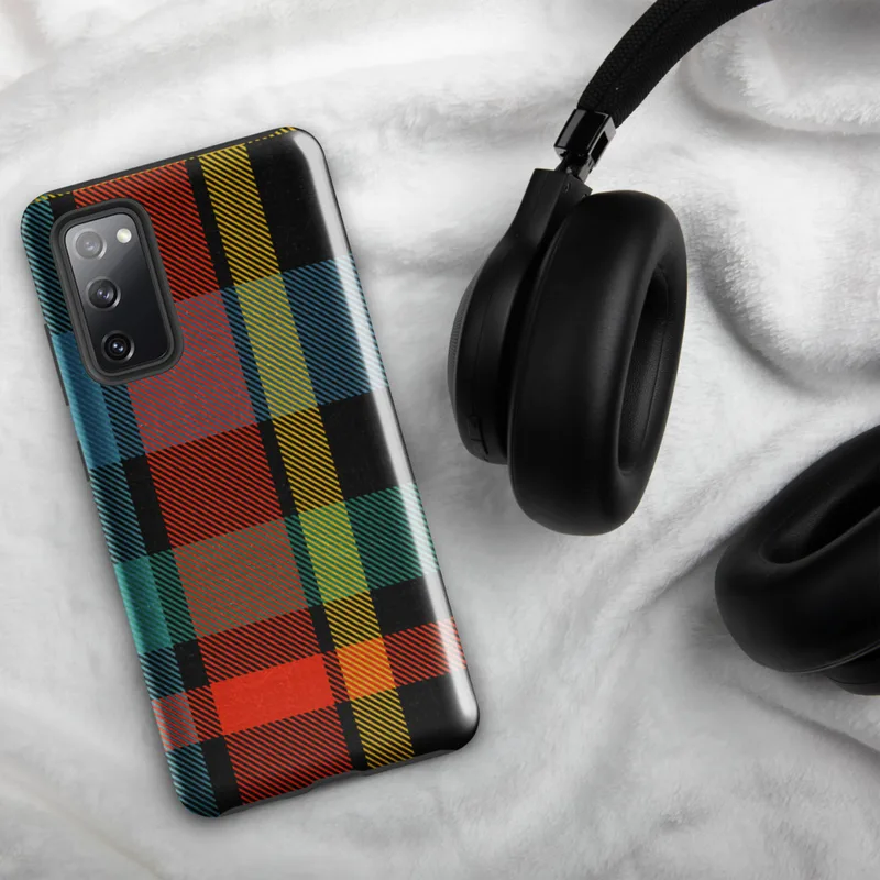 Glossy Bold Plaid Tough Case for Samsung — vibrant tartan plaid pattern in black, teal, fiery red-orange, and golden yellow