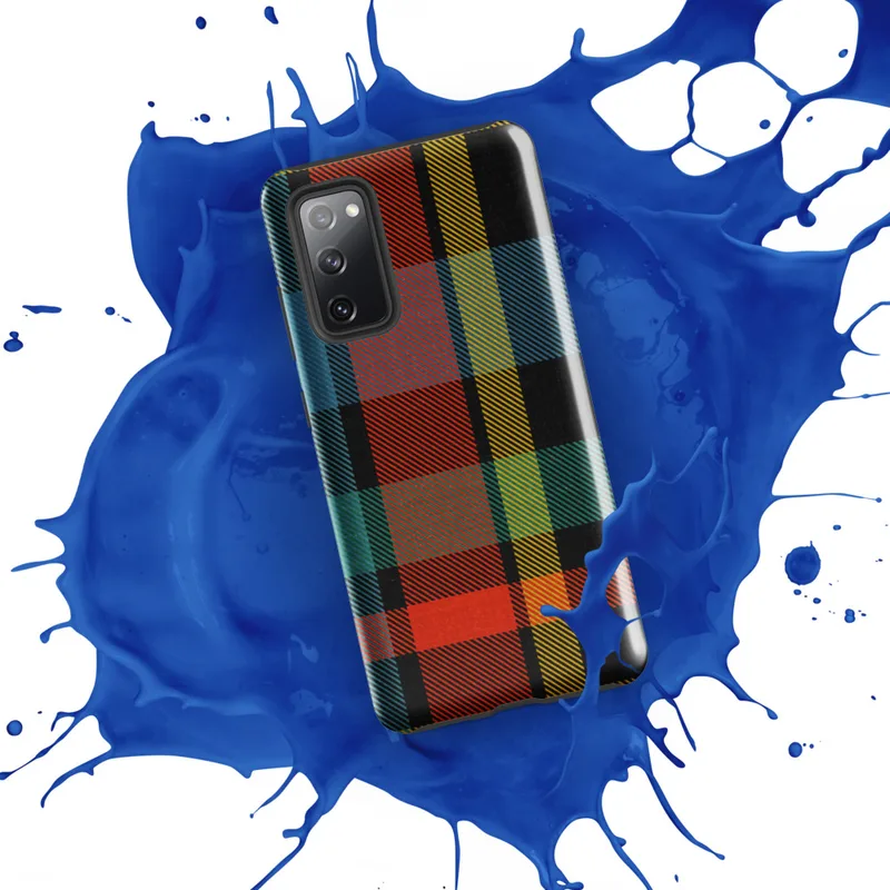Glossy Bold Plaid Tough Case for Samsung — vibrant tartan plaid pattern in black, teal, fiery red-orange, and golden yellow