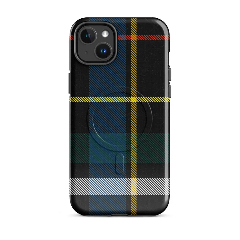 Glossy Highland Spirit Tartan MagSafe Tough Case for iPhone — classic Scottish tartan pattern in black, royal blue, golden