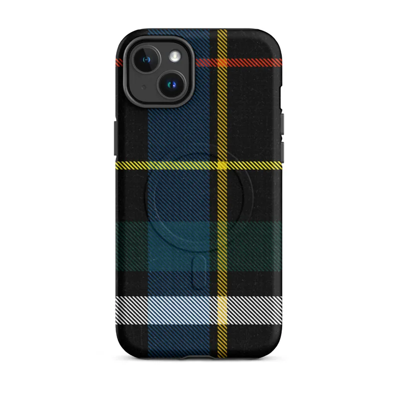 Matte Highland Spirit Tartan MagSafe Tough Case for iPhone — classic Scottish tartan pattern in black, royal blue, golden