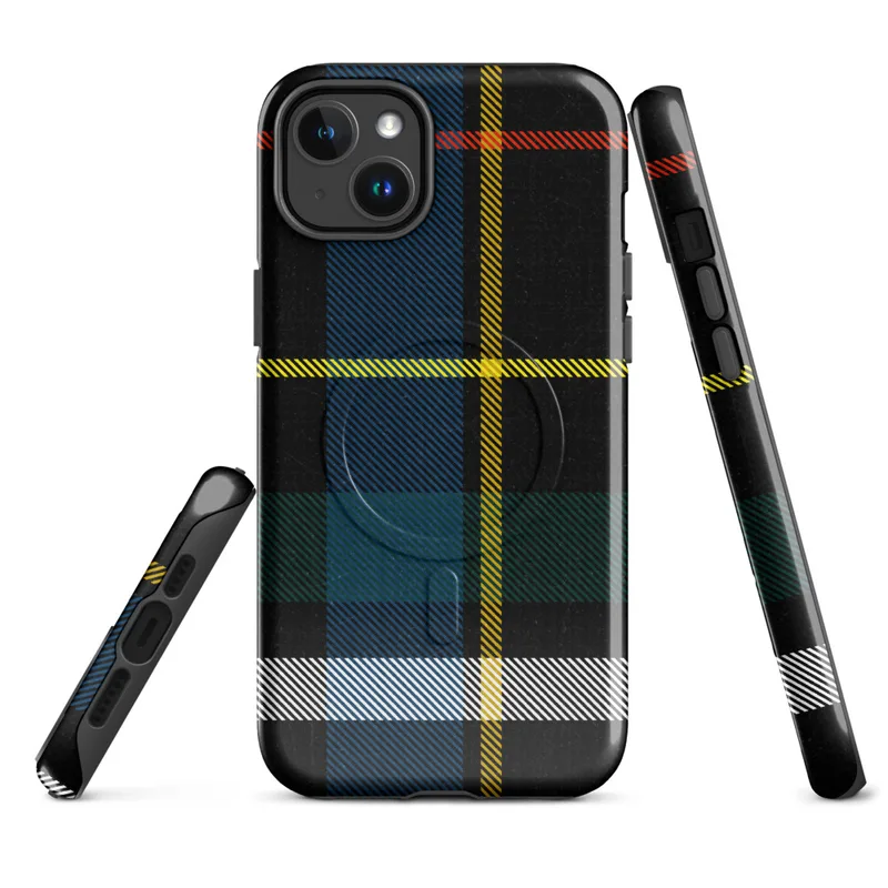 Glossy Highland Spirit Tartan MagSafe Tough Case for iPhone — classic Scottish tartan pattern in black, royal blue, golden