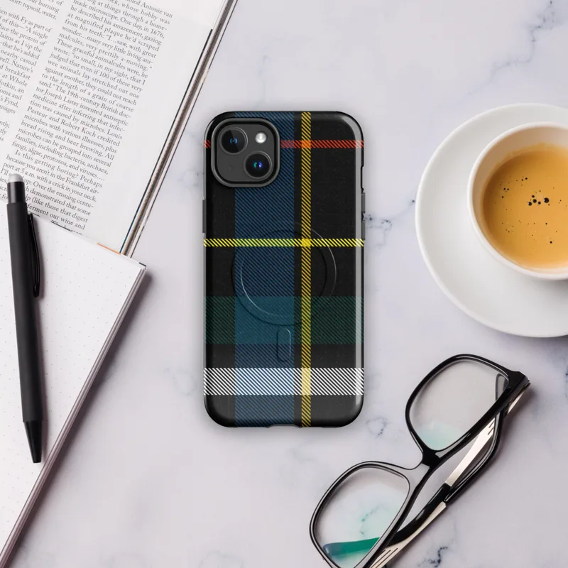 Glossy Highland Spirit Tartan MagSafe Tough Case for iPhone — classic Scottish tartan pattern in black, royal blue, golden