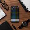 Glossy Highland Spirit Tartan MagSafe Tough Case for iPhone — classic Scottish tartan pattern in black, royal blue, golden
