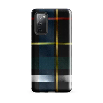 classic Scottish tartan plaid with black base and bold crossing stripes of royal blue, golden yellow, deep teal, red, and white in a woven diagonal texture on Glossy Highland Spirit Tartan Tough Case for Samsung - default - Front view