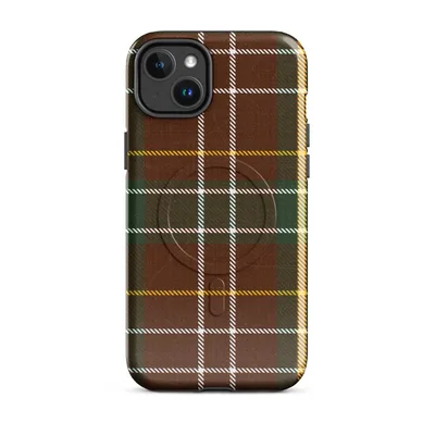 classic tartan plaid pattern in deep crimson red, forest green, gold, and white woven intersecting stripes on Glossy Highland Tartan MagSafe Tough Case for iPhone - default - Front view
