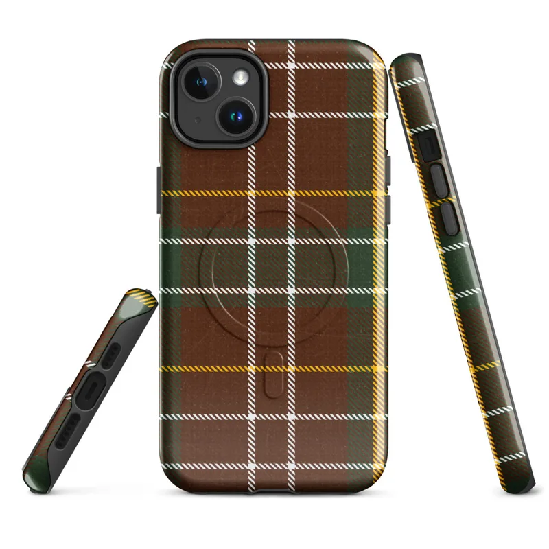 Glossy Highland Tartan MagSafe Tough Case for iPhone — classic tartan plaid pattern in deep crimson red, forest green, gold