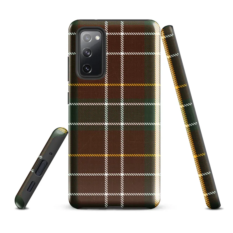 Glossy Highland Tartan Tough Case for Samsung — classic Scottish tartan plaid in deep red, forest green, gold, and white