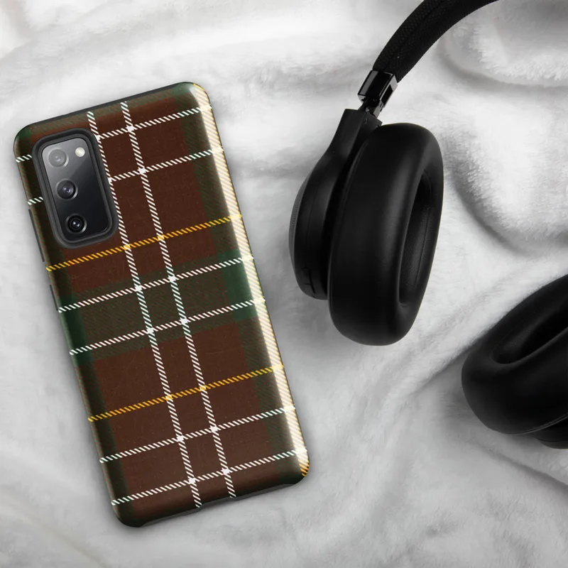 Glossy Highland Tartan Tough Case for Samsung — classic Scottish tartan plaid in deep red, forest green, gold, and white